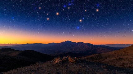 Mountain range sunset starscape, night sky constellations, astronomical landscape, travel photography