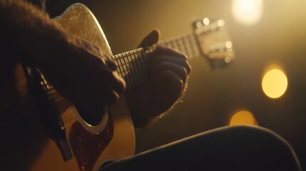 Fototapeta premium Close-up of a person playing an acoustic guitar.