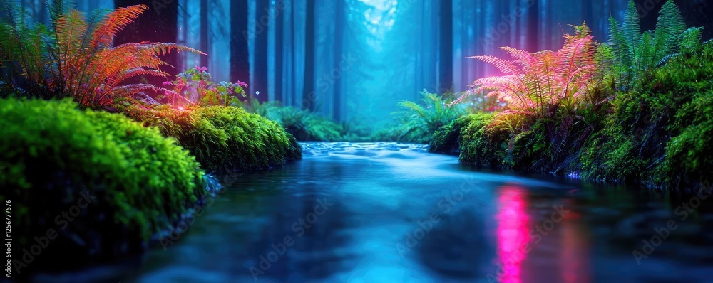 Poster glow forest concept. a tranquil forest scene with vibrant plants and a serene stream illuminated by 