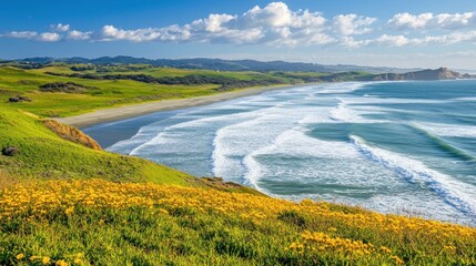 Coastal California beach panorama, wildflowers, ocean waves, sunny day, travel