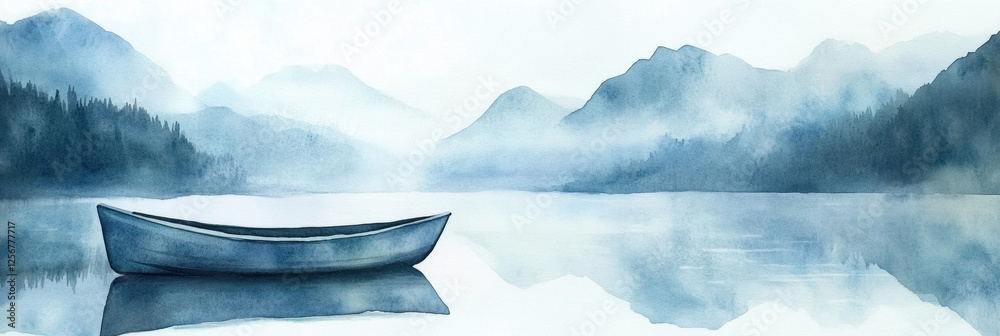 Poster serene watercolor illustration of a rowboat on a tranquil mountain lake with a blank sky for text. g