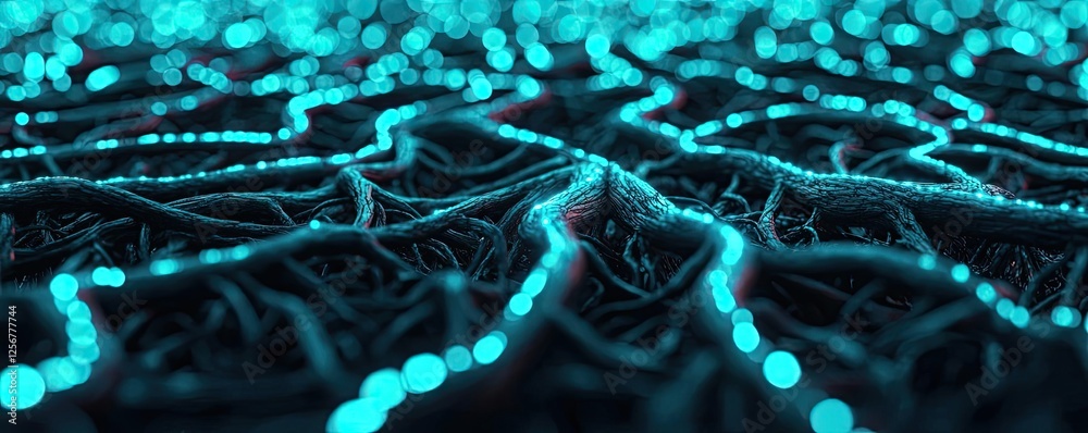 Poster glow forest concept. intricate network of glowing roots showcasing bioluminescent technology.