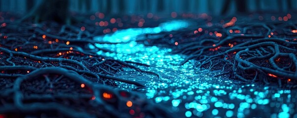 Glow forest concept. A mesmerizing glowing pathway through mystical roots in a vibrant forest at night.