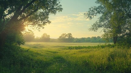 Fototapeta premium Serene Sunrise Over Lush Green Fields Surrounded by Trees