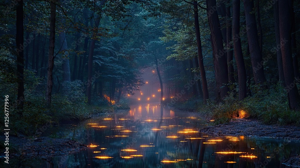 Aufkleber glow forest concept. a serene forest scene at dusk with glowing lights reflecting on the water's sur