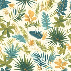 Obraz premium Seamless pattern of palm fronds and leaves in green and gold tones