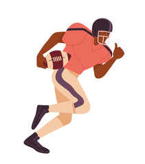 American football scene. Men run with ball in hands. Quarterback player at stadium. Sportsman in sportive uniform. Challenge and competition. Flat vector illustration isolated on white background