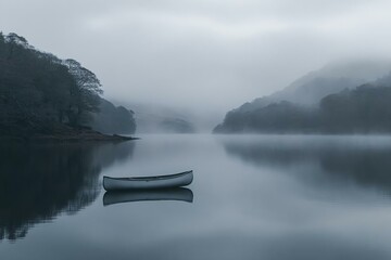 Serene Canoe on Misty Lake Surrounded by Fog and Mountains