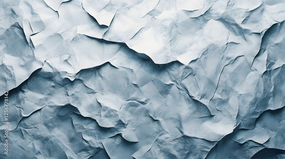 Poster A close-up image of a crumpled blue paper, showcasing its abstract texture and dramatic lighting Macro Texture Backgrounds. Abstract Blue Crinkled Texture: A Study in Light and Shadow
