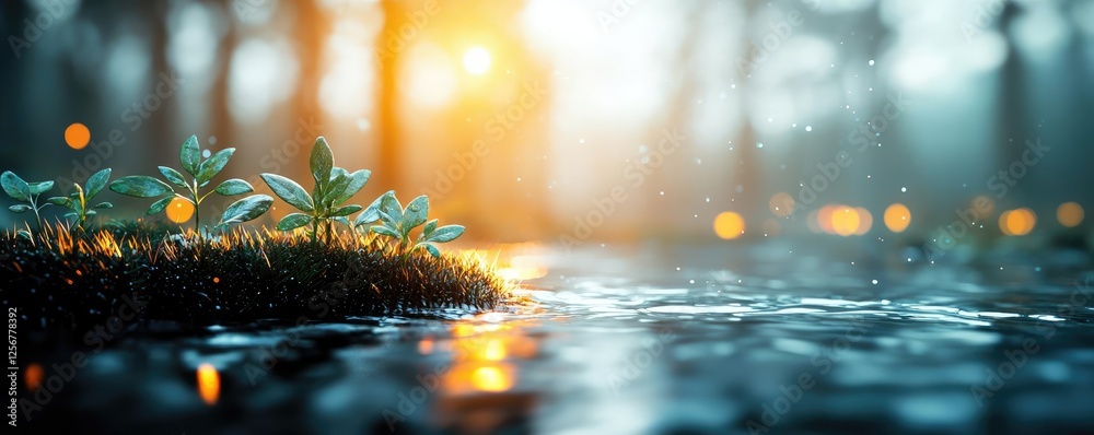 Poster glow forest concept. a serene view of nature with water and soft lighting reflecting tranquility and