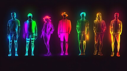 Colorful fashion silhouettes on dark background, showing different styles. Possible use fashion magazine, social media, or website design