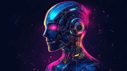 Futuristic robot head profile, vibrant colors, technology, profile view, artistic, background, abstract, digital art