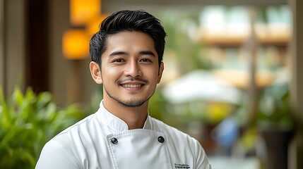 Naklejka premium Smiling chef portrait, resort background, culinary career.