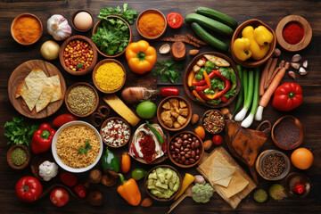 Fototapeta premium vibrant assortment of fresh vegetables, spices, and grains arranged on wooden table, showcasing colorful feast of ingredients for cooking