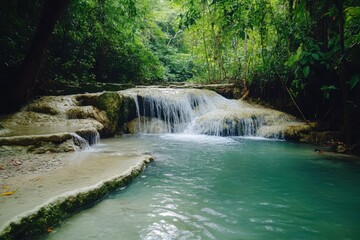 Naklejka premium Serene waterfall cascades over rocks in lush green forest. Perfect for travel, nature, or relaxation themed projects.