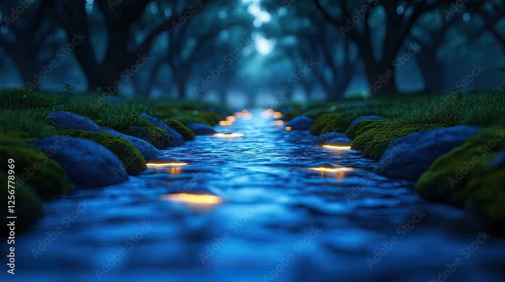 Poster Glow forest idea. Serene twilight scene with glowing lights reflecting on a tranquil stream.