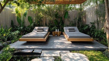 Tropical spa resort lounge chairs, lush garden, tranquil pond, relaxation