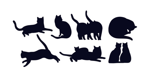 Cat shadows set. Silhouettes of kittens. Domestic animals and pets lying, running and stretching. Design Elements for Stickers. Flat vector collection isolated on white background
