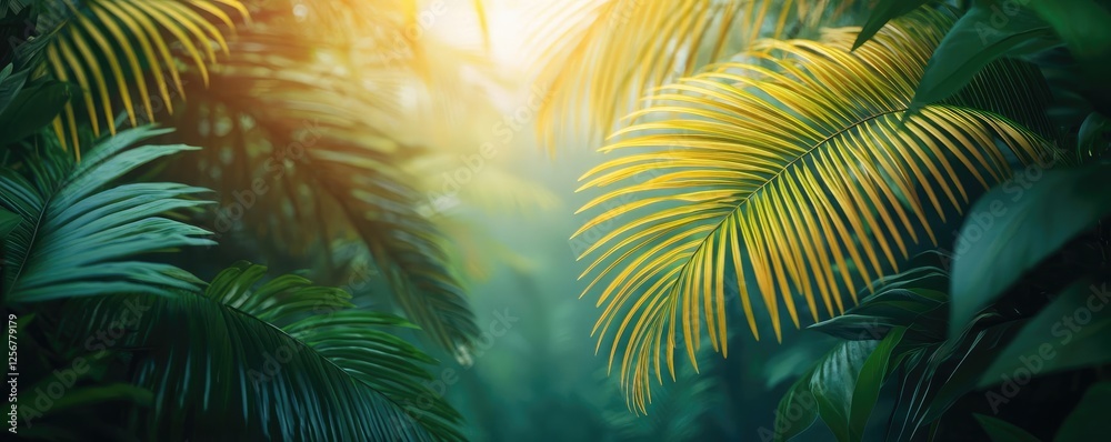 Poster glow forest concept. vibrant tropical foliage illuminated by soft sunlight in a serene environment.