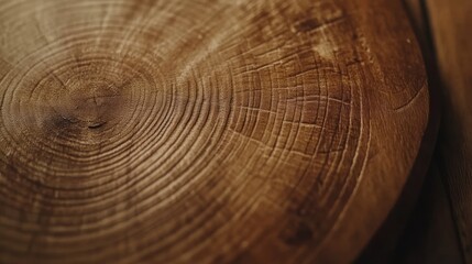 Naklejka premium Rustic wooden disc close-up, grain detail, blurred background, craft texture