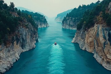 Fototapeta premium Scenic View of Boat Sailing Through Serene Mountainous Waterway