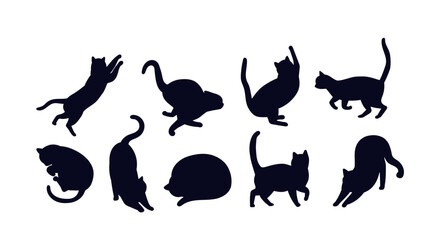 Cat shadows set. Silhouettes of kittens in various positions. Active domestic animals and pets stretching. Fauna and wildlife. Flat vector collection isolated on white background
