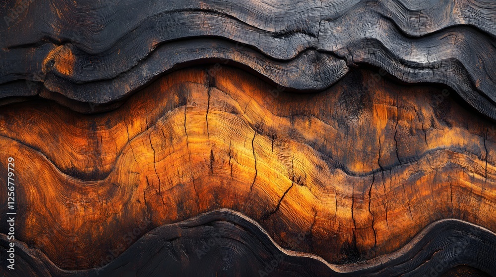 Poster Close-up view of richly colored wood grain, showcasing intricate texture and a blend of dark and orange tones. Macro Texture Backgrounds. A Study in Texture and Color of Intricate Wood Grain