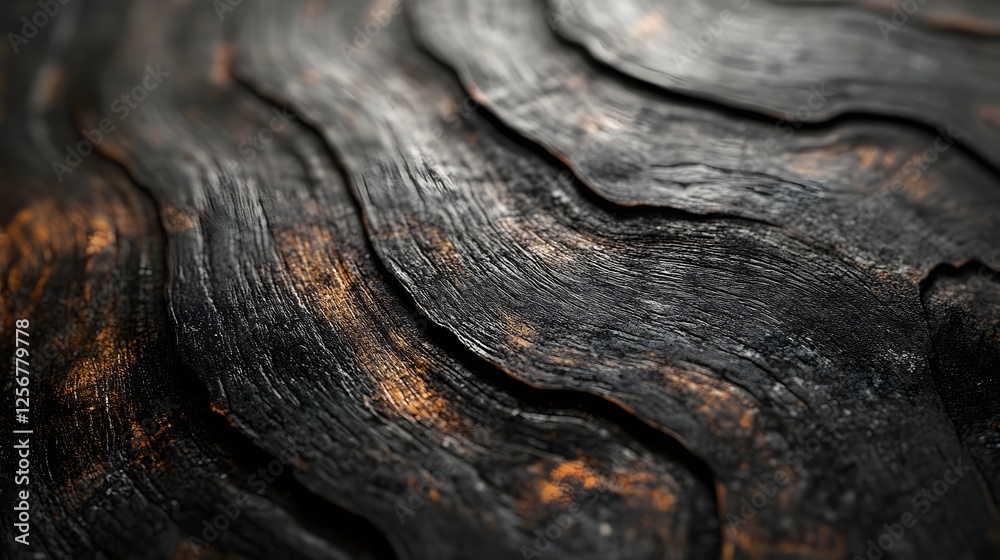 Poster close-up of dark wood with copper highlights, showcasing its intricate texture and swirling patterns