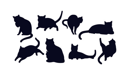 Cat shadows set. Silhouettes of kittens in various positions. Active domestic animals stretching. Cute fluffy pets stickers. Flat vector collection isolated on white background