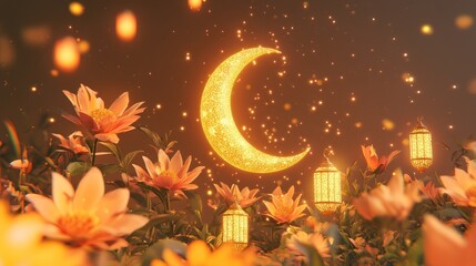Glowing Crescent Moon, Flowers, Lanterns, Night, Festive, Ramadan