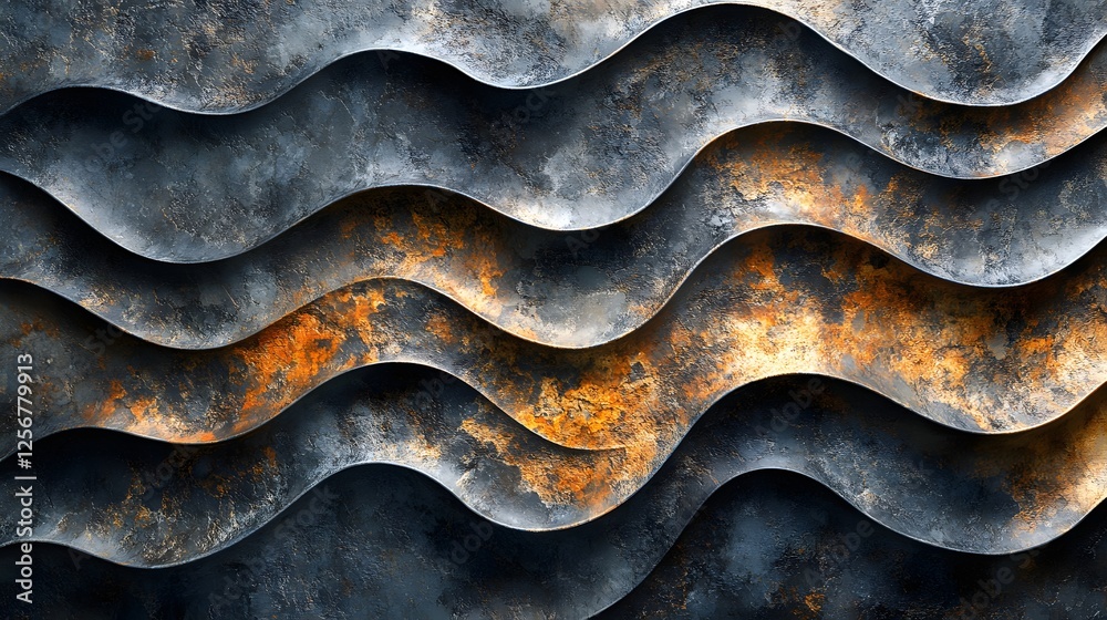 Poster Abstract image featuring a repeating wave pattern in dark grey and rusty orange metallic hues. The texture is smooth yet rough, suggesting aged metal. Macro Texture Backgrounds. Metal Wave Pattern