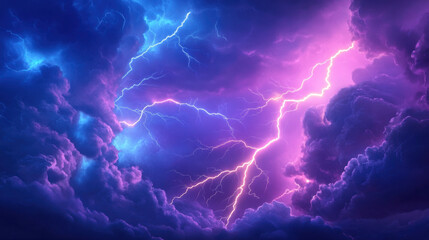 Obraz premium vibrant stormy sky filled with dramatic lightning strikes illuminating dark clouds creates captivating atmosphere. interplay of colors evokes sense of awe and intensity