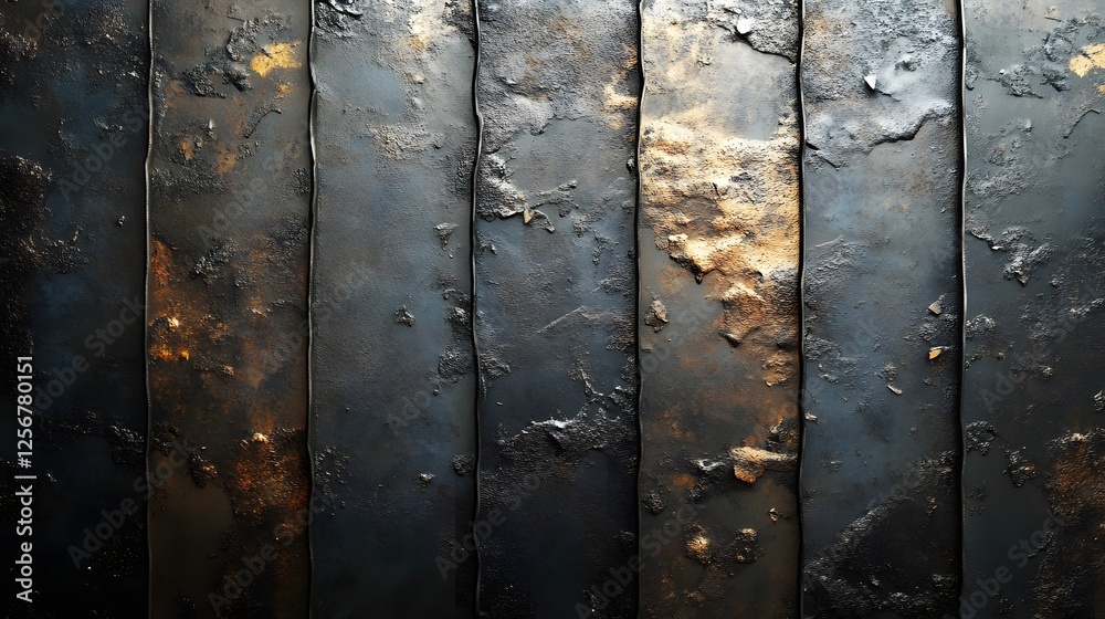 Poster Abstract background featuring a close-up view of dark, oxidized metal plates. The texture is rough and uneven, showcasing a blend of dark and gold tones. Macro Texture Backgrounds.