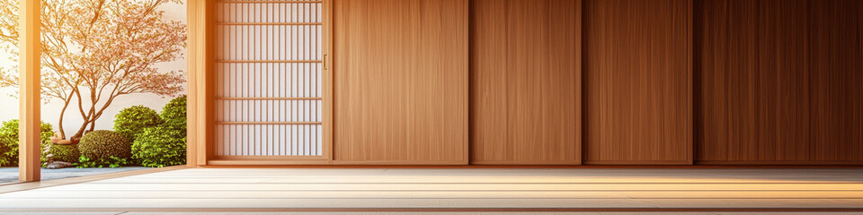 serene interior featuring Japanese sliding door, wooden walls, and tranquil garden view. warm light enhances natural wood textures, creating peaceful atmosphere