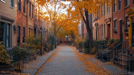Fototapeta premium Charming Autumn Street with Golden Leaves and Historic Townhouses