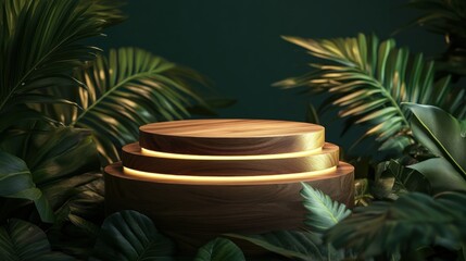 Obraz premium Illuminated wooden podium, tropical leaves, dark background, product display