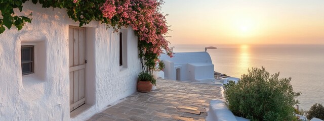 A peaceful coastal village showcases whitewashed structures adorned with vibrant flowers, basking in the warm glow of a stunning sunset over calm waters and distant land