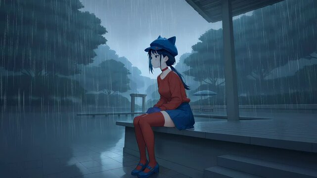 Sad anime girl in a cap against the background of rain, anime wallpaper