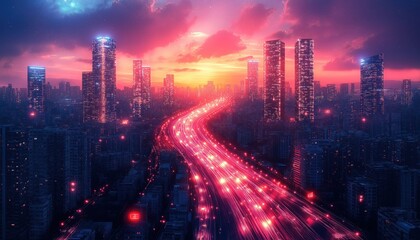 Obraz premium Vibrant Night Cityscape Data Stream Online Service Technology