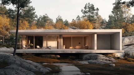 Obraz premium Modern concrete house autumn forest landscape design