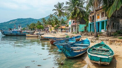 Tranquil Coastal Scene with Colorful Boats and Palm Trees