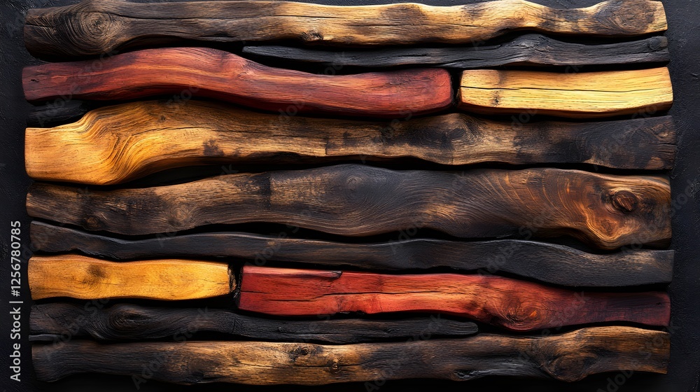 Aufkleber A captivating abstract artwork crafted from burnt and colored wood pieces. The natural textures and varying colors create a unique and artistic composition. Macro Texture Backgrounds.