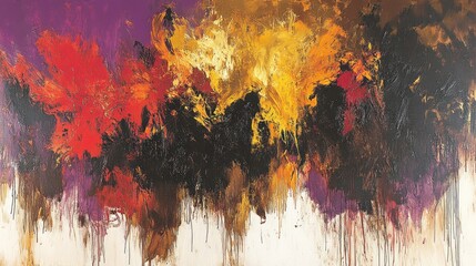 Fototapeta premium Abstract autumnal canvas art; fiery, textured strokes; purple background; gallery display