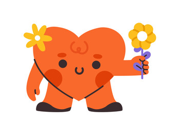 Doodle Heart character. Orange heart with yellow flower in hand. Love and passion. Emoji and emoticon. Valentines Day. Flat vector illustration isolated on white background