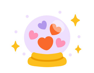 Doodle hearts in ball. Crystal ball with red, pink and violet hearts. Love and Romance. Graphic element for Valentines Day. Flat vector illustration isolated on white background
