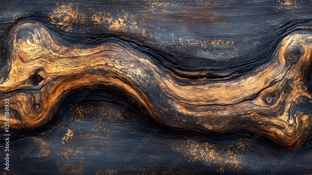 Aufkleber close-up shot of intricate wood grain, showcasing a striking contrast between dark and golden hues. 
