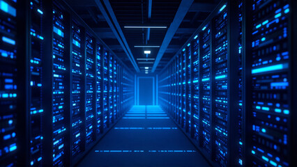 Futuristic Server Room with Glowing Blue LED Lights and Data Processing