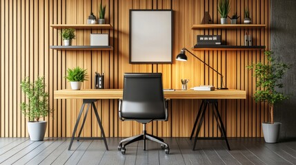 Modern office, wooden wall, desk, chair, mockup, plants, workspace, design, home office, advertising