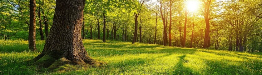 Fototapeta premium Sunlit forest path, trees, green grass, nature background, idyllic scene