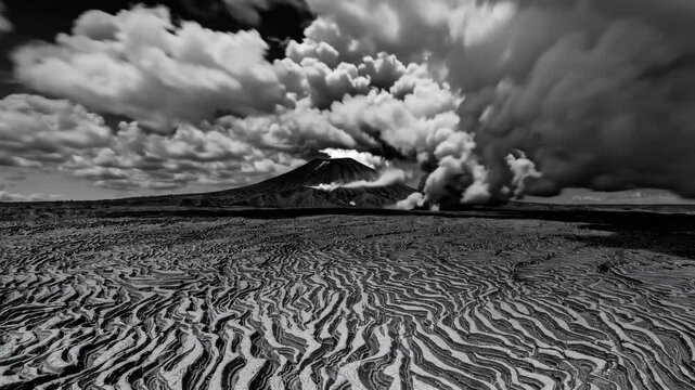 Volcanic eruption with smoke plumes and dramatic landscape, monochrome photography. Natural phenomenon and geological exploration concept